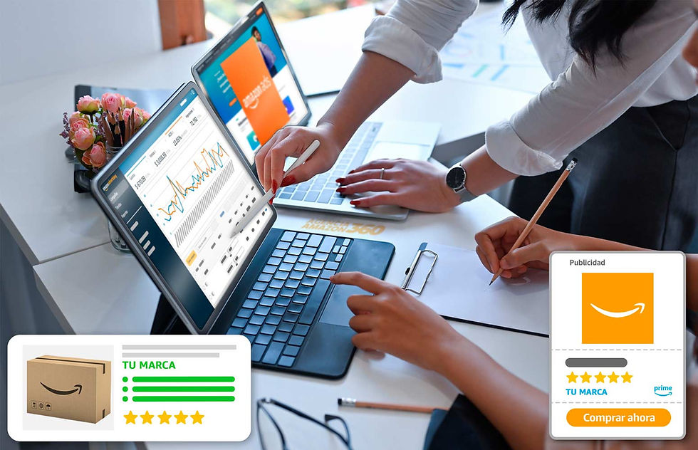Equipo de agencia Amazon trabajando en la optimización de campañas publicitarias