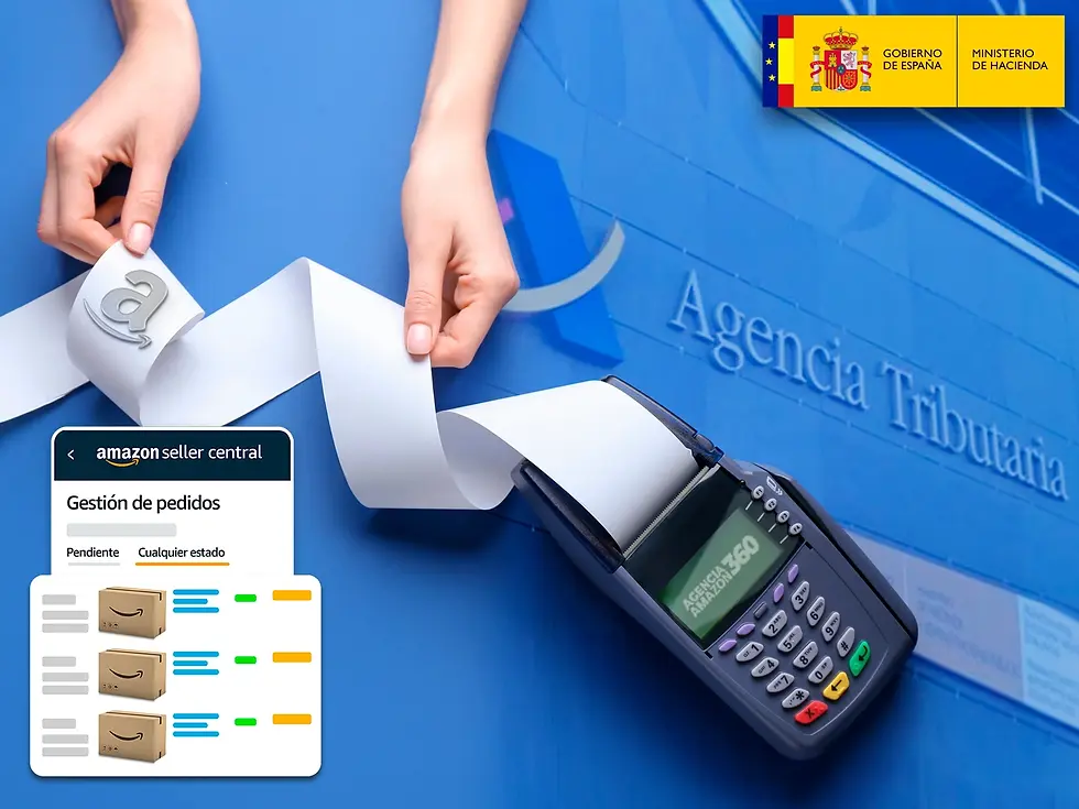 Diagrama del flujo de facturación en Amazon mostrando que la factura VCS no se envía automáticamente a la AEAT; cumplimiento Verifactu recae en el vendedor