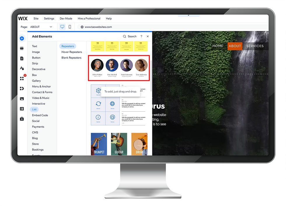 The Wix Editor Menu shows a repeater highlighted with employee's faces, names, and titles.