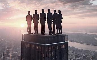 Surrealist shot of executives standing on top of a sky scraper