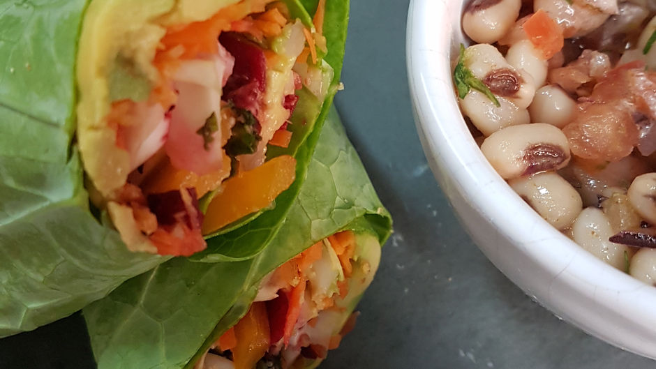 Vegan Recipe: Collard Green Wrap, Vinaigrette Beans and Chickpeas Hummus