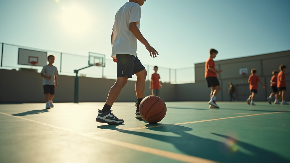 Eye-level view of a basketball court with young players practicing dribbling