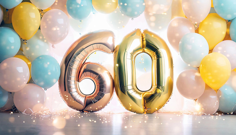60歳の還暦を祝うパーティーのバルーンデコレーション。金と銀の『60』の数字バルーンが中心に置かれ、周囲にはカラフルな風船とキラキラした照明が飾られている。