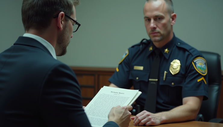 Eye-level view of a police officer reading rights to a seated individual