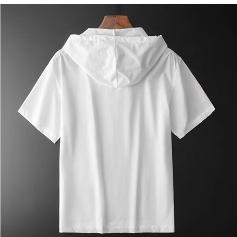 Miniatura: Camiseta masculina sólida solta moletom respirável manga curta cordão com capuz