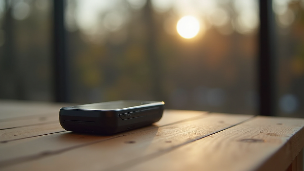 Eye-level view of a GPS tracker device on a wooden table