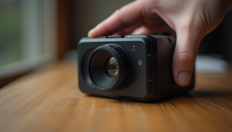 Close-up view of a handheld hidden camera detector device on a wooden table