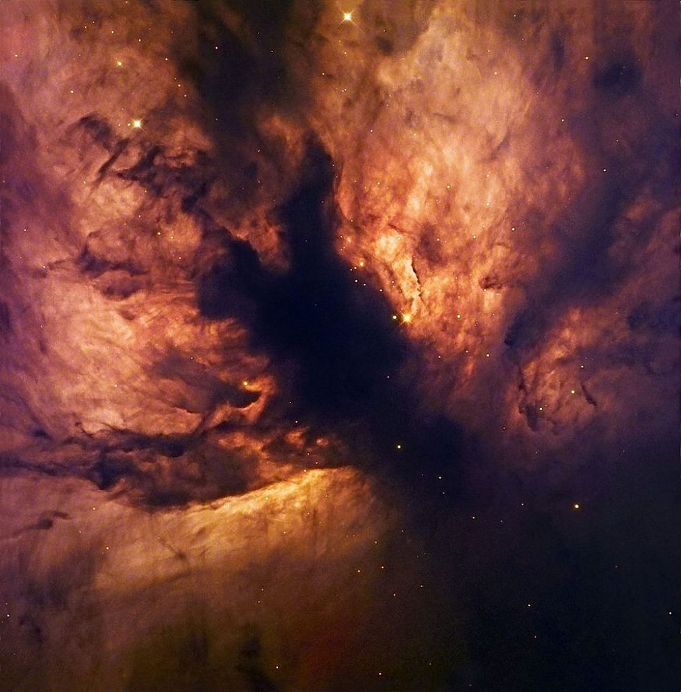 A dark shadow is surrounded by the orange mists of the Flame Nebula. Stars shine through.