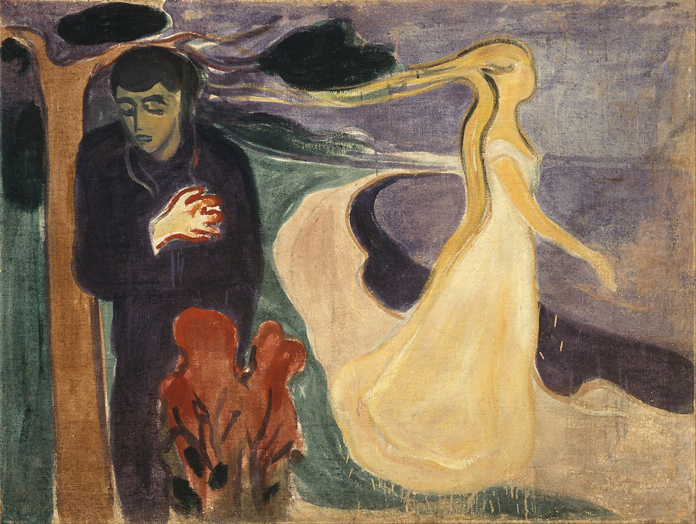 Expressionist Painting by Edvard Munch shows a man on the left, facing left, hand to heart. Joined to him by ghostly hair is an image of a woman, on the right, facing right. They are at the side of a lake. He leans against a tree in his sorrow.