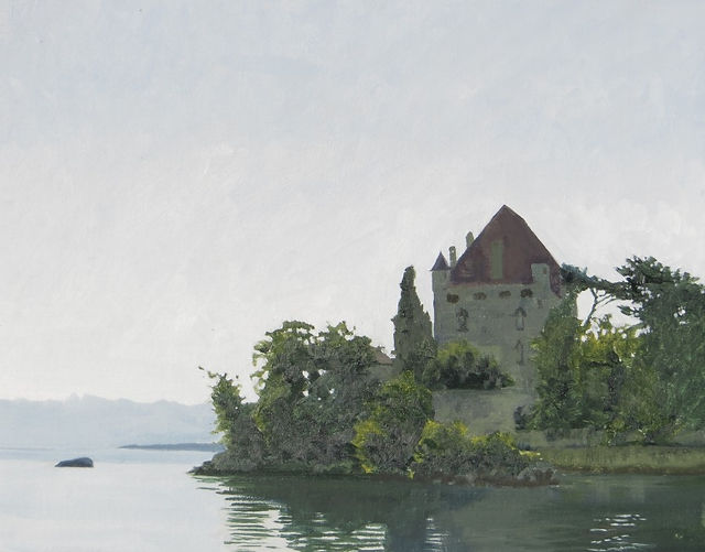 Yvoire, le chateau, mois d’aout huit heures du matin, 2014, huile sur toile, 40 x 50cm