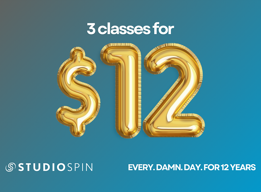 Studio Spin promotion: 3 classes for $12 anniversary deal.