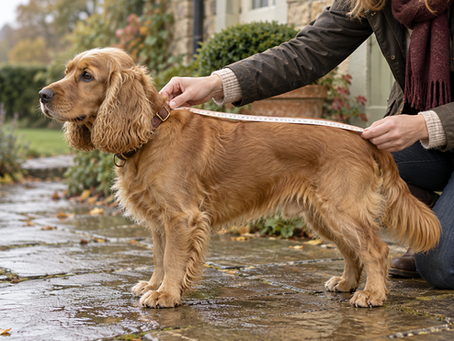Golden cocker spaniel standing while its back length is measured with a soft tape.