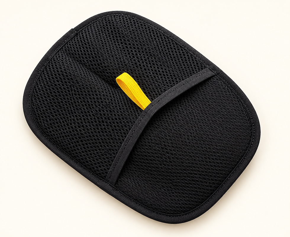 Black pet hair removal mitt with mesh back and yellow tab
