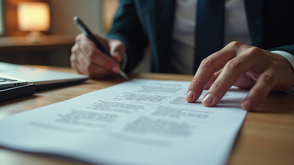 Eye-level view of a lawyer analyzing legal documents in an office