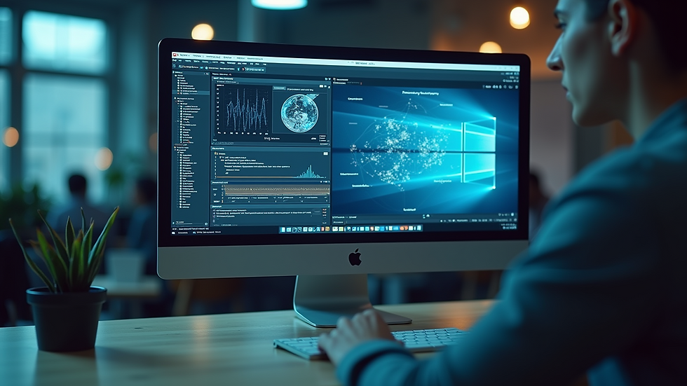 Eye-level view of a modern workspace with a computer and AI interface