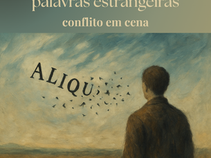 Pintura de um homem de costas observando letras da palavra "ALIQUIS" se fragmentando e sendo levadas pelo vento, com fundo de céu turvo. Representação simbólica do esquecimento de palavras estrangeiras, inspirado em Freud.