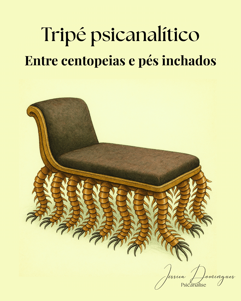 Ilustração de um divã com dezenas de pernas de centopeia no lugar dos três pés tradicionais, em alusão crítica à formação psicanalítica sem sustentação no tripé clássico.