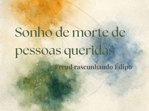 Ilustração abstrata em aquarela com três manchas de cor conectadas por linhas delicadas em atmosfera onírica, representando tensões psíquicas e vínculos simbólicos — imagem do texto “Sonho de morte de pessoas queridas: Freud rascunhando Édipo”, do blog da psicanalista Jéssica Domingues.