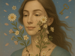 Ilustração delicada de uma mulher de cabelos castanhos e ondulados, com expressão tranquila e flores crescendo do peito e do rosto, como se fizessem parte de seu corpo. O fundo é azul, com elementos simbólicos como uma chave, uma lua cheia, um olho e pétalas flutuando, evocando o universo do inconsciente de forma suave e poética.