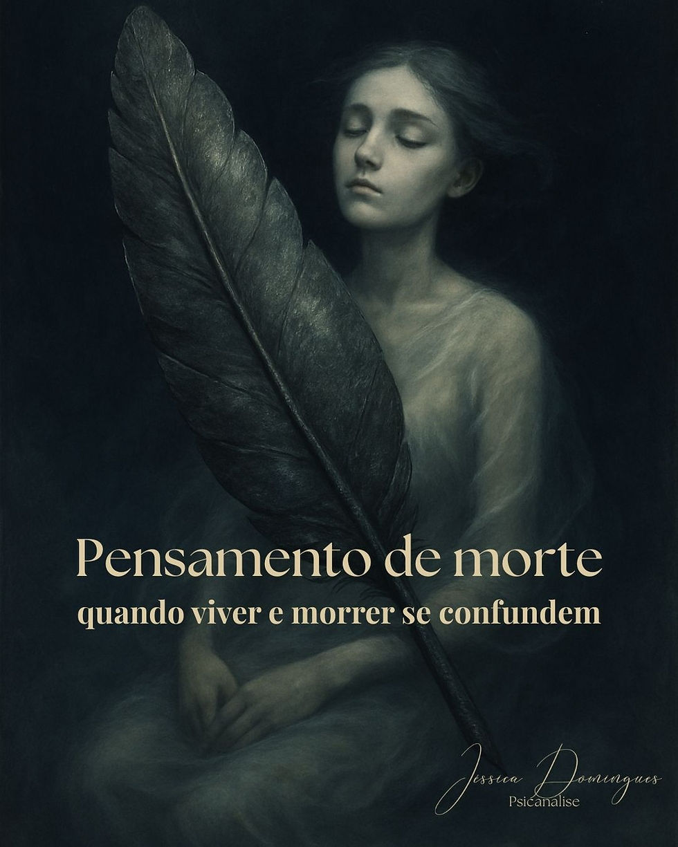 Retrato onírico presente no blog da psicanalista Jéssica Domingues, simbolizando pensamento de morte como uma pluma de chumbo sobre uma alma esgotada. Ilustração do post "Pensamento de morte: quando viver e morrer se confundem"