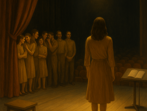 Pintura tradicional em estilo realista retrata uma audição teatral. No palco iluminado, uma atriz vestida com um figurino marcante se apresenta diante de uma fileira de outras pessoas com o mesmo figurino, aguardando sua vez. As candidatas interagem entre si com expressões diversas — algumas riem, outras cochicham. Ao fundo, o cenário teatral e as luzes sugerem o clima de ensaio e repetição de papéis.