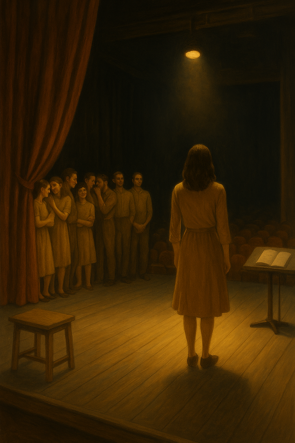 Pintura tradicional em estilo realista retrata uma audição teatral. No palco iluminado, uma atriz vestida com um figurino marcante se apresenta diante de uma fileira de outras pessoas com o mesmo figurino, aguardando sua vez. As candidatas interagem entre si com expressões diversas — algumas riem, outras cochicham. Ao fundo, o cenário teatral e as luzes sugerem o clima de ensaio e repetição de papéis.