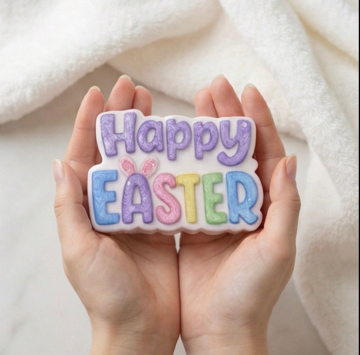 Hand-Painted Happy Easter Bath Bomb with Bunny Ears | Pastel Spring Gift