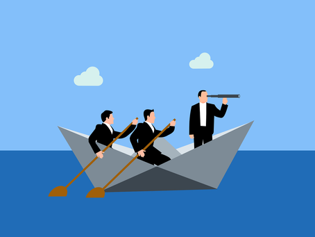 Team rowing a boat in the same direction while one leader looks ahead, illustrating collaboration aligning strategy and budgeting to drive organizational results.