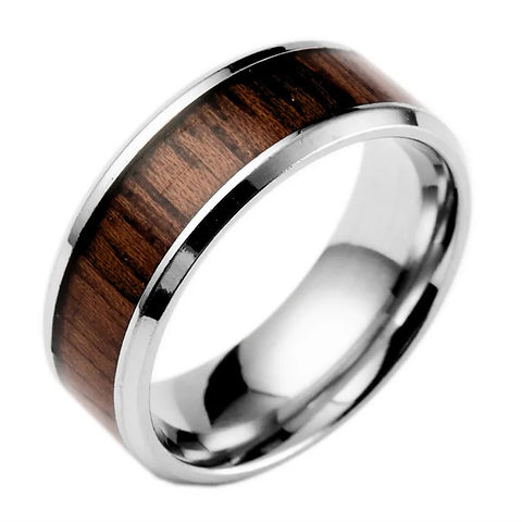 Stainless Steel Ring with wood effect centre Sakamoto Designs