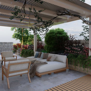 פינת ישיבה מתחת לפרגולה בגינת אירוח – עיצוב נוף בגן יבנה