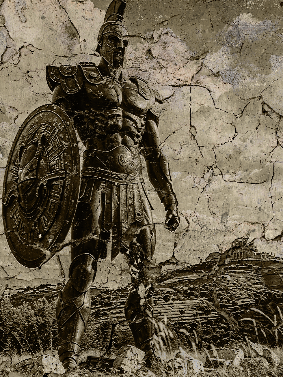 A cracked portrait of a bronze giant watching over a temple
