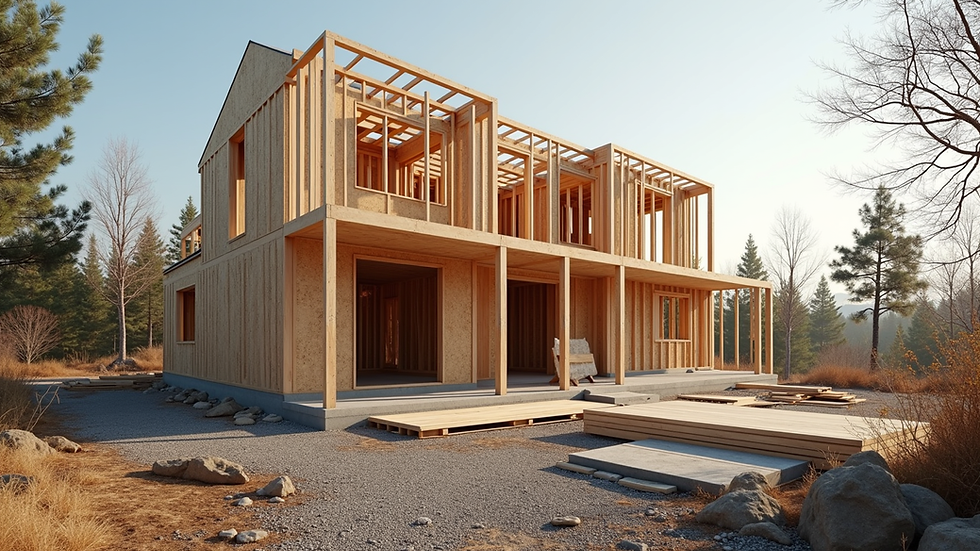 Wide angle view of a new home under construction with framing and building materials