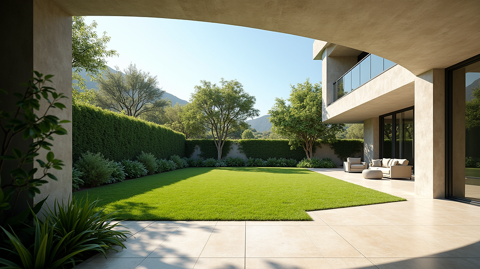 Wide angle view of a spacious backyard with a patio and green lawn