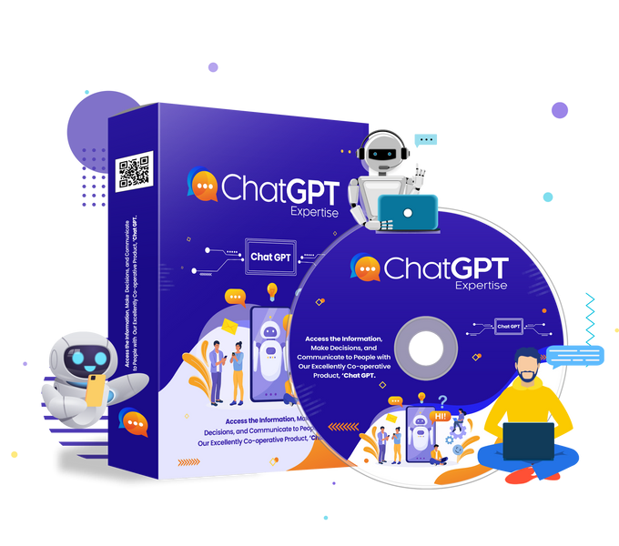 3D digital graphic of a ChatGPT Expertise product bundle featuring a software box and CD. The box and disc are deep purple with ChatGPT branding and illustrations of robots, people using devices, and digital icons. A robot with a laptop and headset sits on top of the CD, while another robot with a smartphone appears beside the box. The text on the packaging reads: “Access the Information, Make Decisions, and Communicate to People with Our Excellently Co-operative Product, Chat GPT.”
