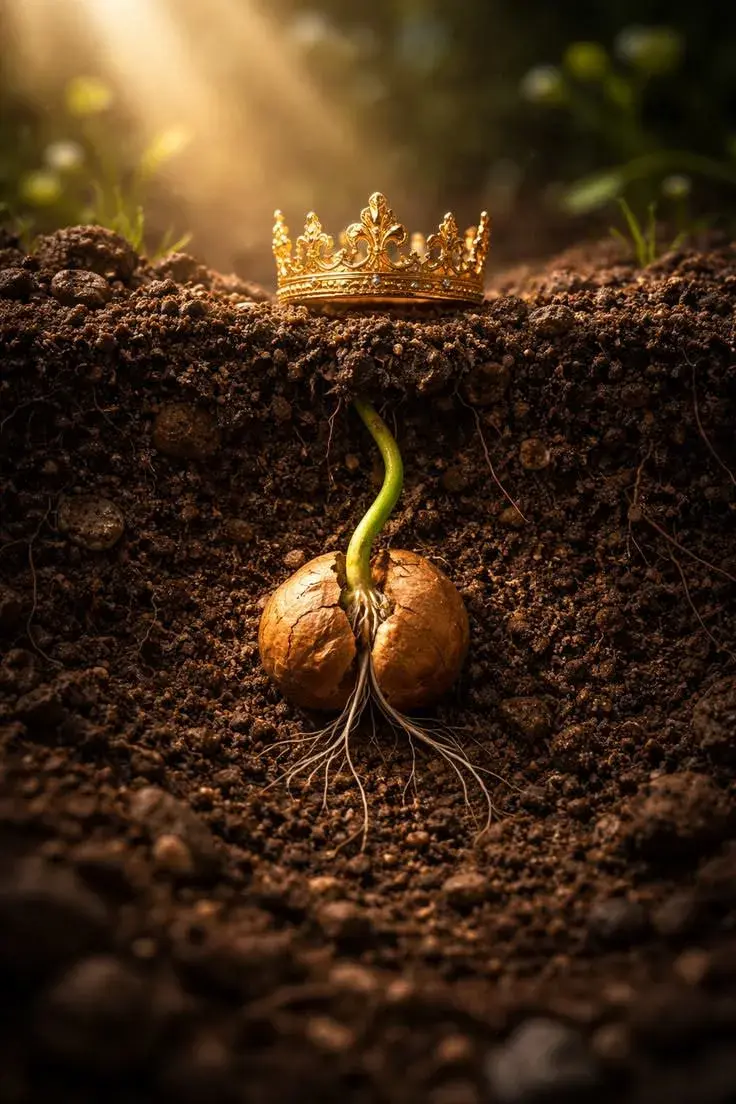 Seed sprouting underground beneath a golden crown