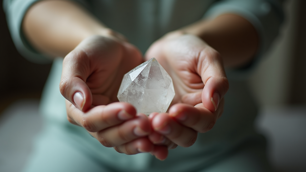 Close-up view of a hand holding a crystal pendant during a therapy session