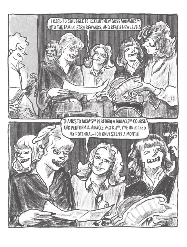 Hand-drawn comic depicting the recruitment of mothers into a fictional multi-level marketing scheme, critiquing gendered labor under neoliberalism.