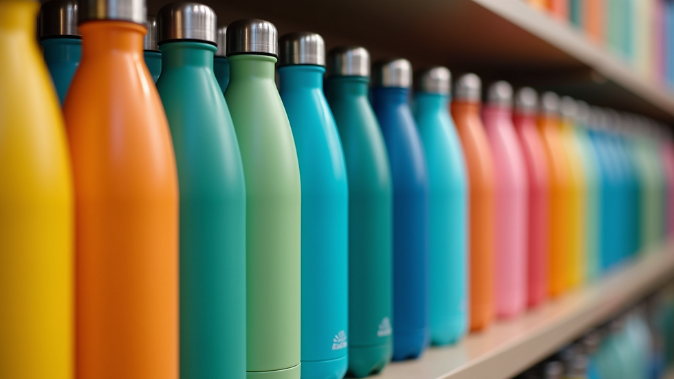 Eye-level view of a colorful collection of reusable water bottles on a shelf