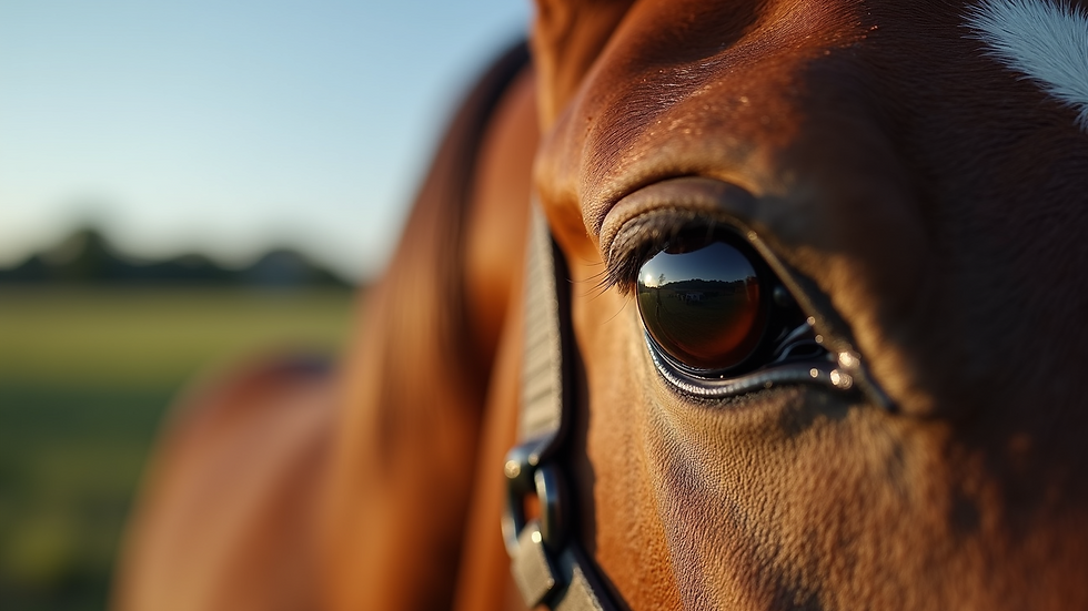 Close-up view of a horse’s eye reflecting the surrounding peaceful farm environment