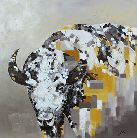 Abstracted painting with white bison with symbolic meaning