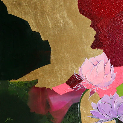 contemporary flower painting wth texture ad gold leaf
