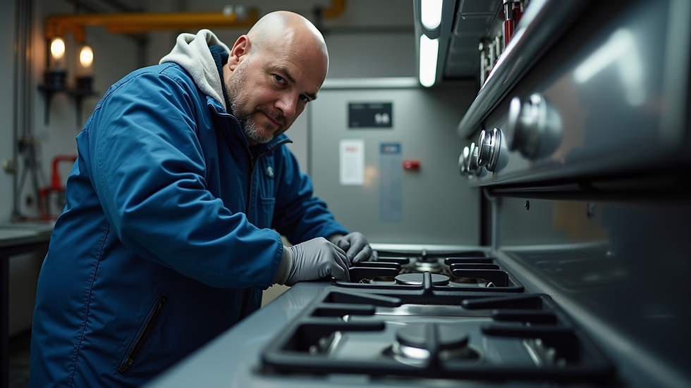 Eye-level view of a gas stove with a technician inspecting it