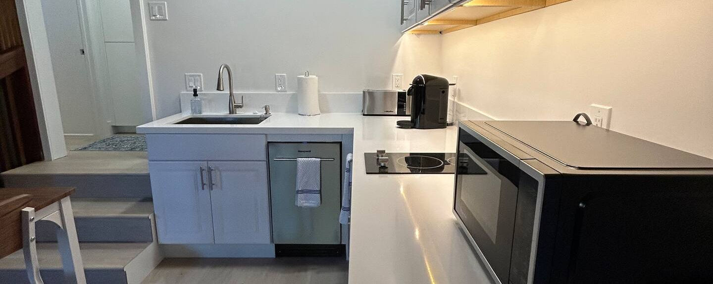 the kitchen of our on-site accommodations at our wedding venue