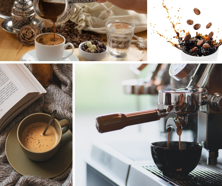 Turkish coffee, coffee beans splashing into a cup, coffee and a book, espresso machine