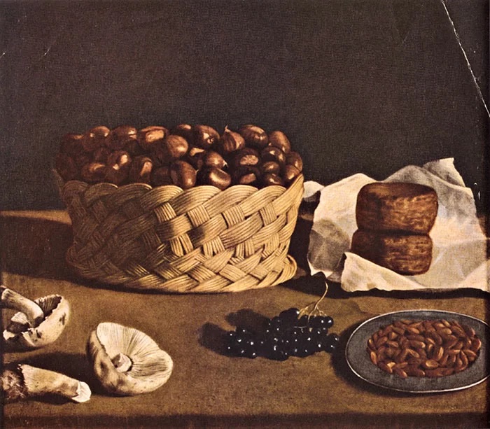 seventeenth century painting, chestnuts, cheese, mushrooms, grapes, and almonds