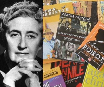 Agatha Christie and a collage of her book covers