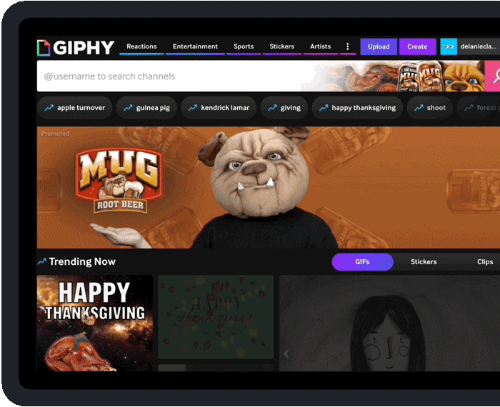 GIPHY Trending Feed with an example of a promoted campaign for MUG Root Beer.