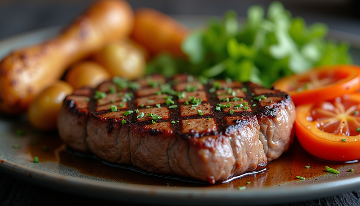 Eye-level view of a plate with grilled steak and vegetables