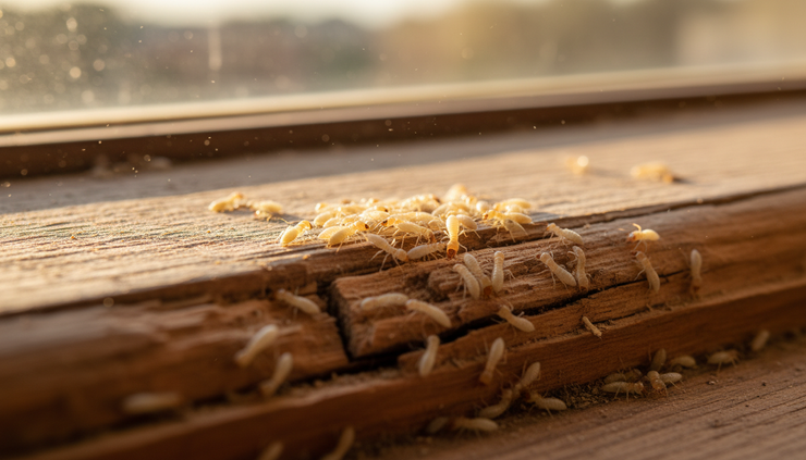 Close-up of pale drywood termites on a cracked wooden sill