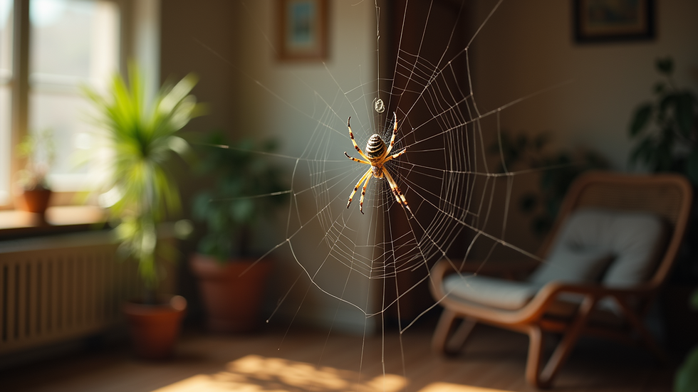 Close-up view of a spider weaving a web in a corner of a home